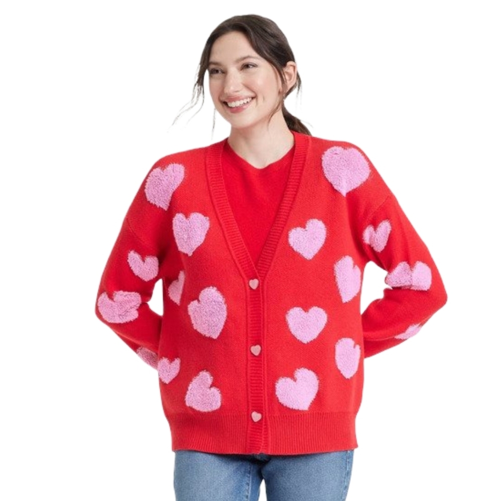 New Red And Pink V-Neck Embellished Cardigan With Heart Shape Buttons. XXS - Picture 3 of 17